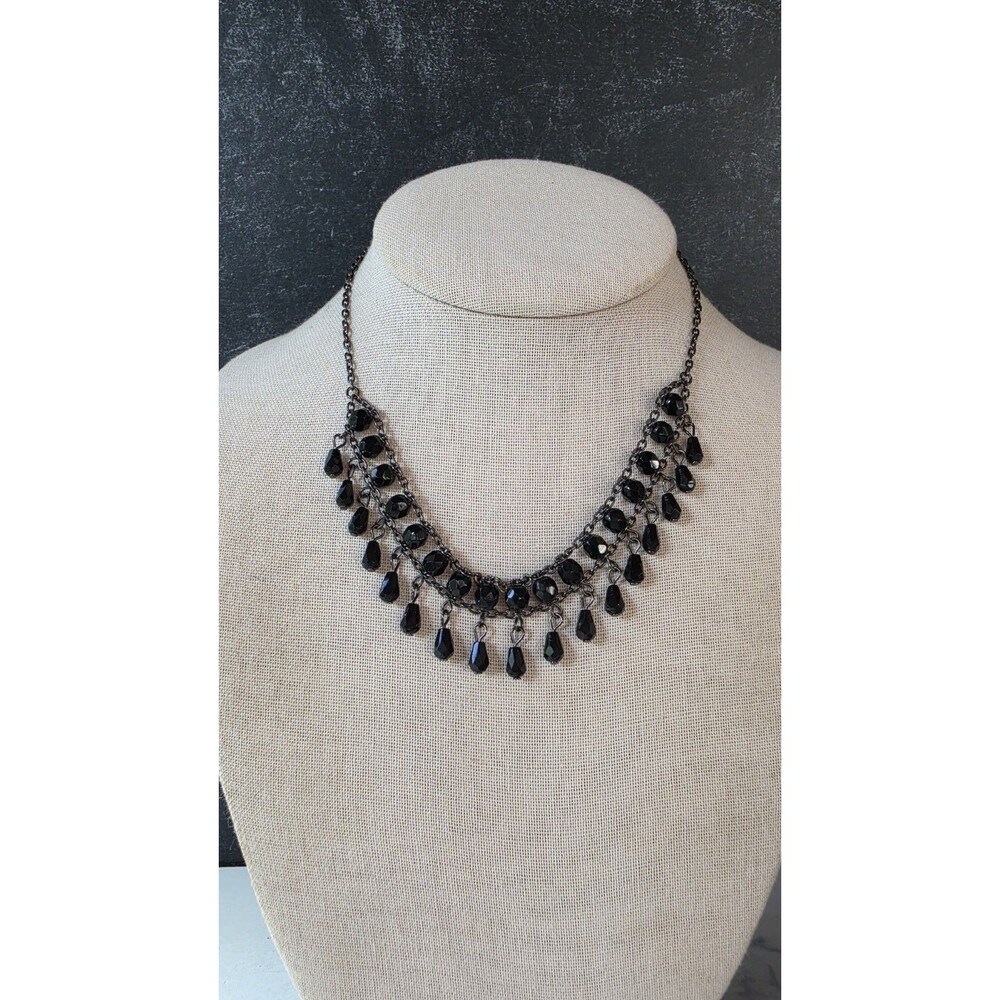1928 Black Beaded Charm Silver Tone Metal Adjustable Necklace Vintage